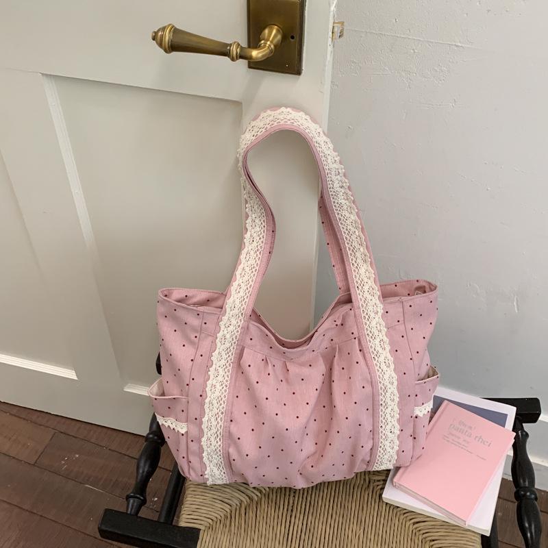 

Polka Dot Lace Tote Bag Large Capacity Women s Shoulder Bag Student Commuter Handbag with Ctrast Trim Lightweight Shopping Bag