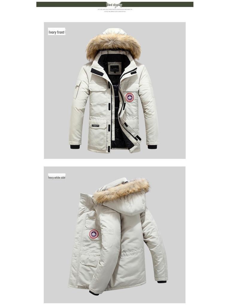 Men's Mid-Length Cotton Jacket with Fur Collar - Warm, Hooded, Windproof, Fashionable Outerwear