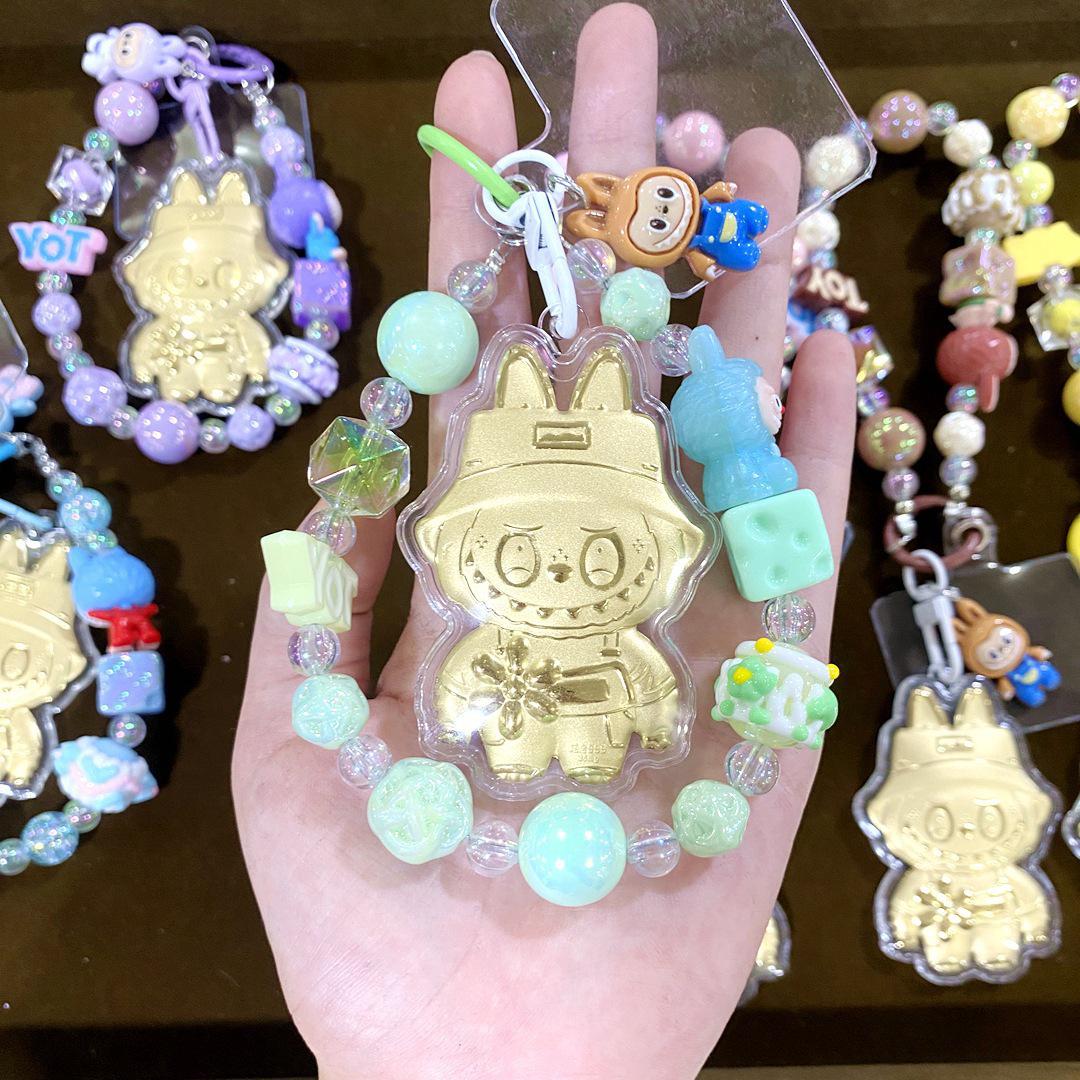 

999 Pure Gold Labubu Cartoon Phone Lanyard Keychain & Bag Charm for Women