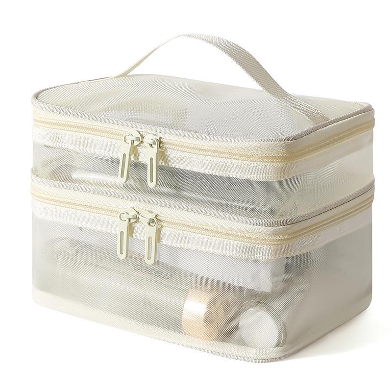 Breathable Mesh Cosmetic Bag Large Capacity Double Layer Anti-scratch Makeup Organizer for Business Trip Daily Travel