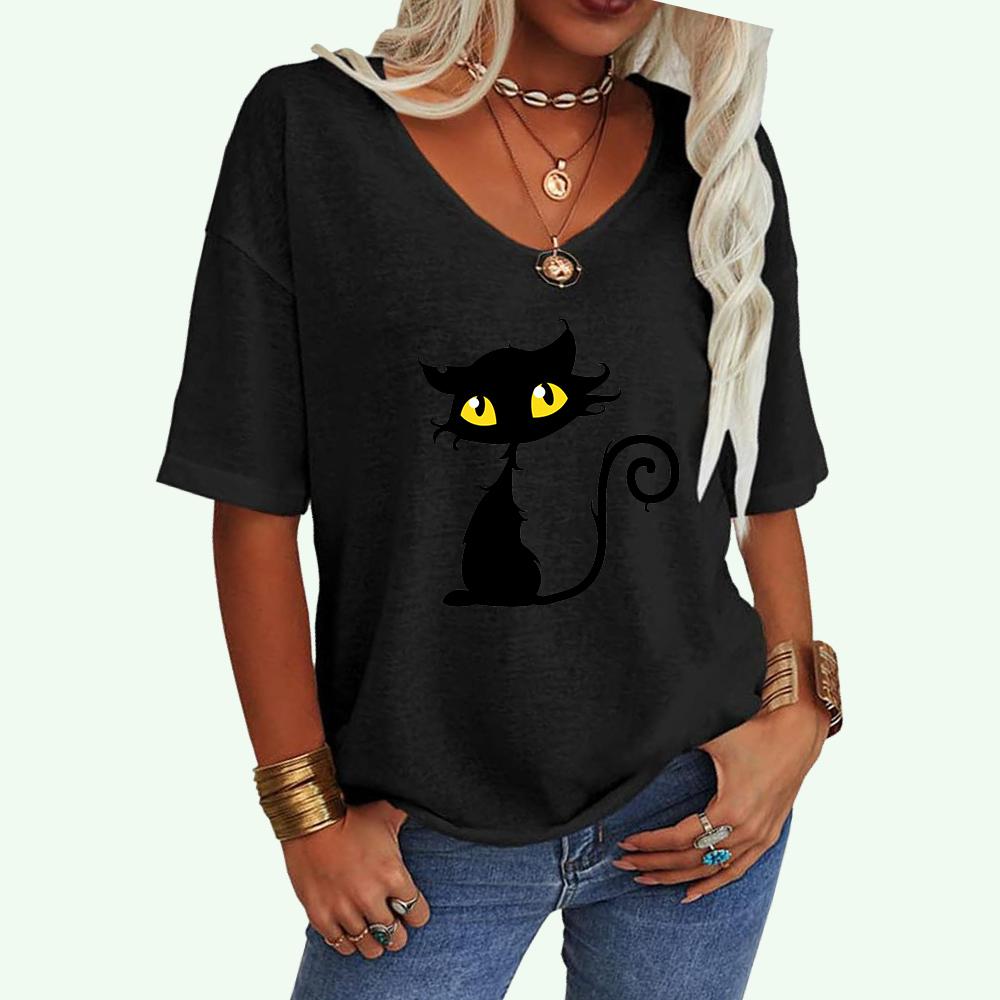 Women Fashion V Collar Loose Tee Shirt Casual Cat Print Top Ladies Short Sleeve T-shirt