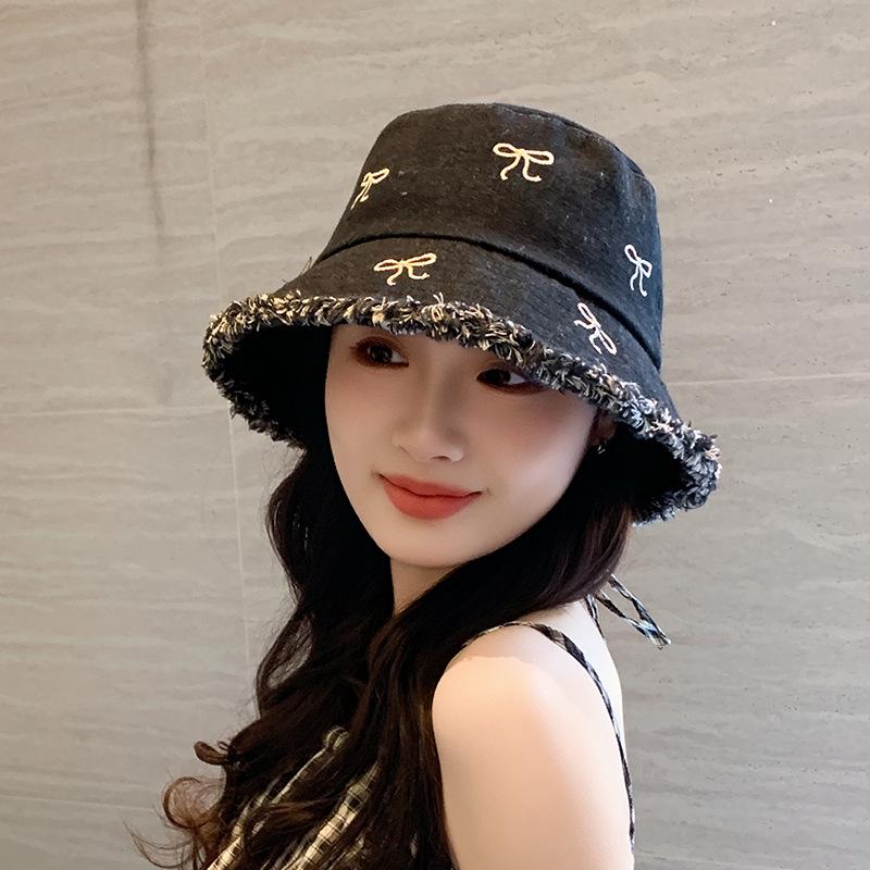 New denim rough edge bucket hat women's versatile embroidered bow basin hat show face small temperament sun hat