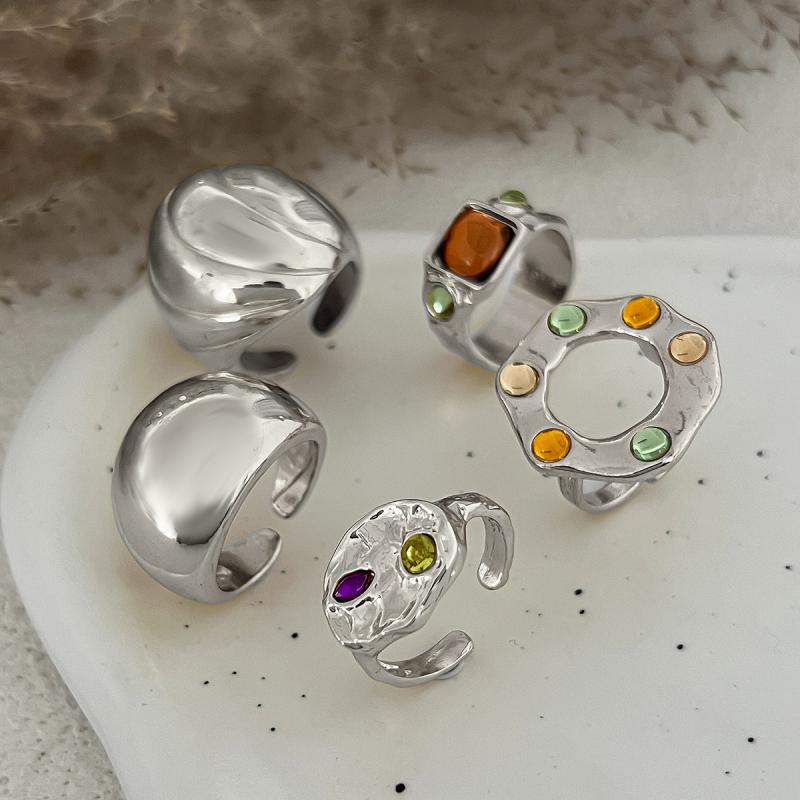 5Pcs/Set Vintage Irregular Metal Large Circular Rings for Women Men Colorful Rhinestone Opening Rings Punk Jewelry Accessories