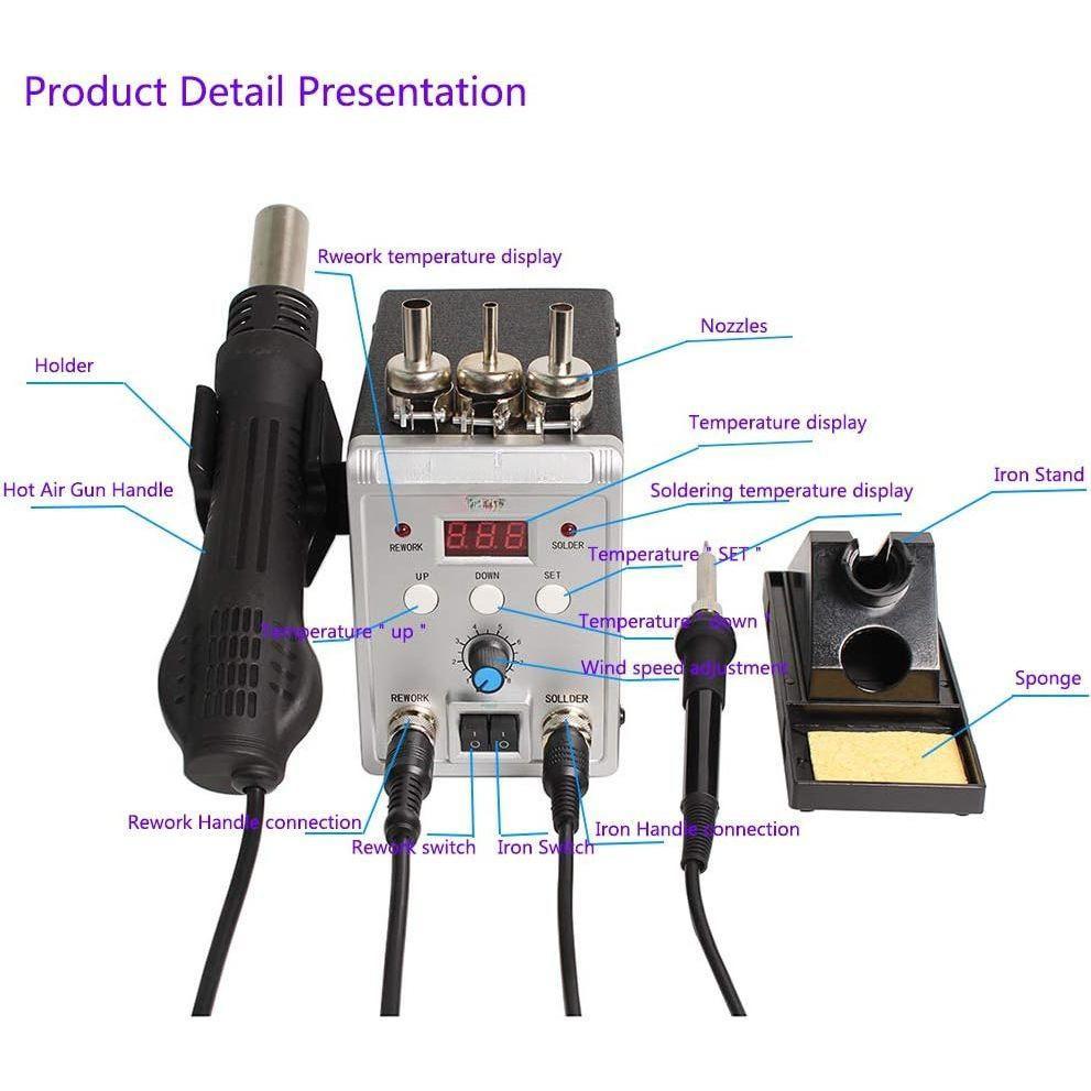 220V 2 in 1 Rework Soldering Station Digital Display SMD Hot Air Gun Solder Iron Portable Welding Desoldering Repair Tools