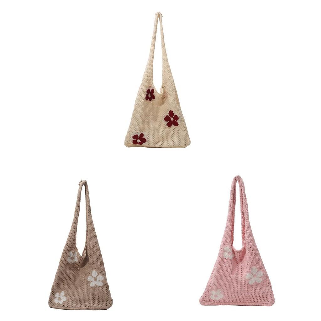 Flower Hollowed Knitting Tote Bag Large Capacity Casual Womens Shoulder Bag For Daily Use