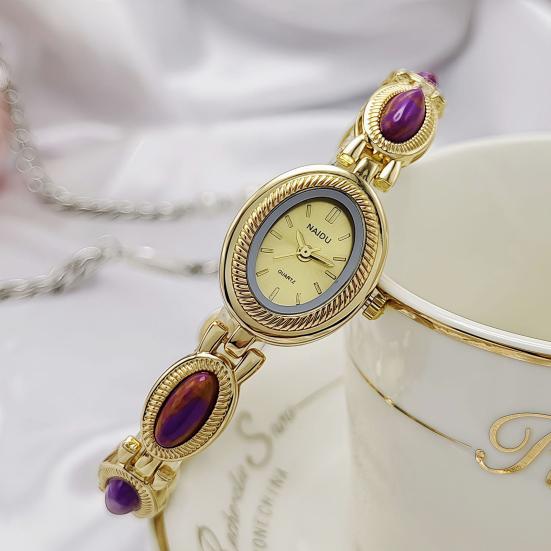 Faux Gemstone Bracelet Watch Ladies Vintage Oval Dial Wristwatch Elegant Quartz Watch Gift for Her Girlfriend Mom Wife