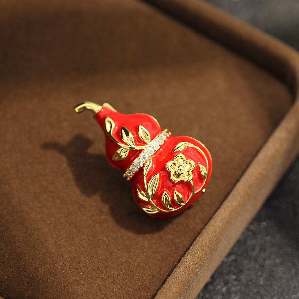 Nuovo stile cinese Capodanno rosso zucca rossa a goccia spilla elegante e squisita con diamanti oro peonia Fulu spilla