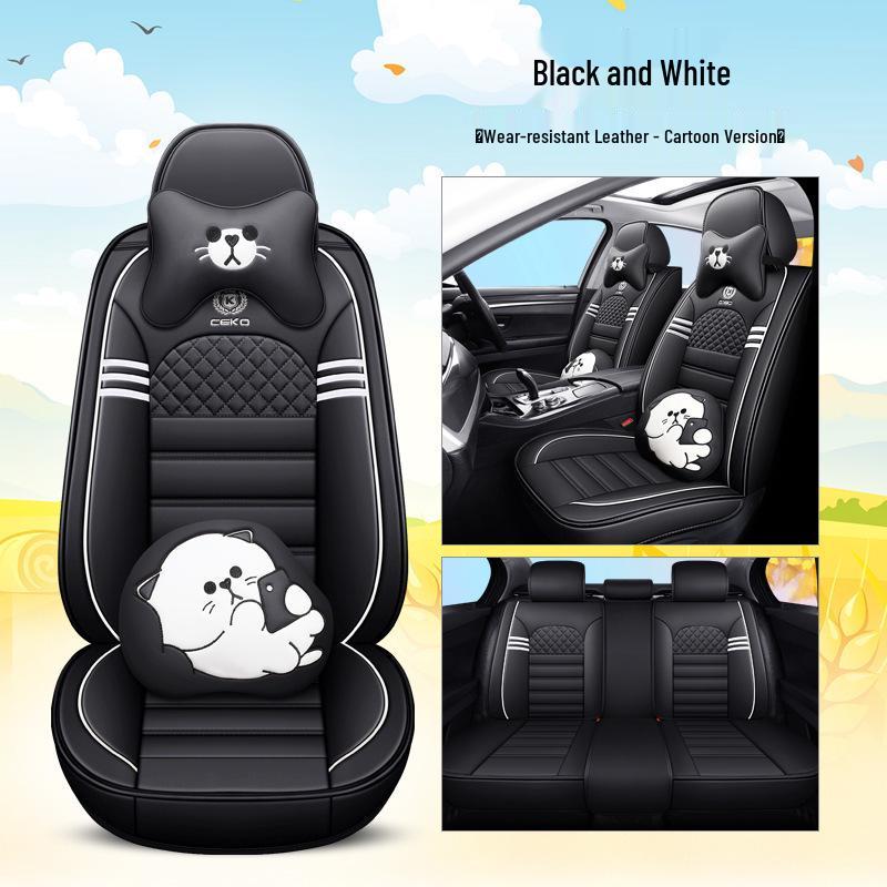 Four Seasons Universal Cartoon Leather Car Seat Cover - Odorless, Full Surround, for Five-Seat Cars.