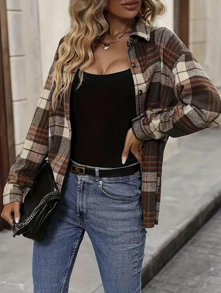European & American Women's Plaid Long Sleeve Shirt Jacket - Loose Fit, Casual Fashion for Autumn & Winter