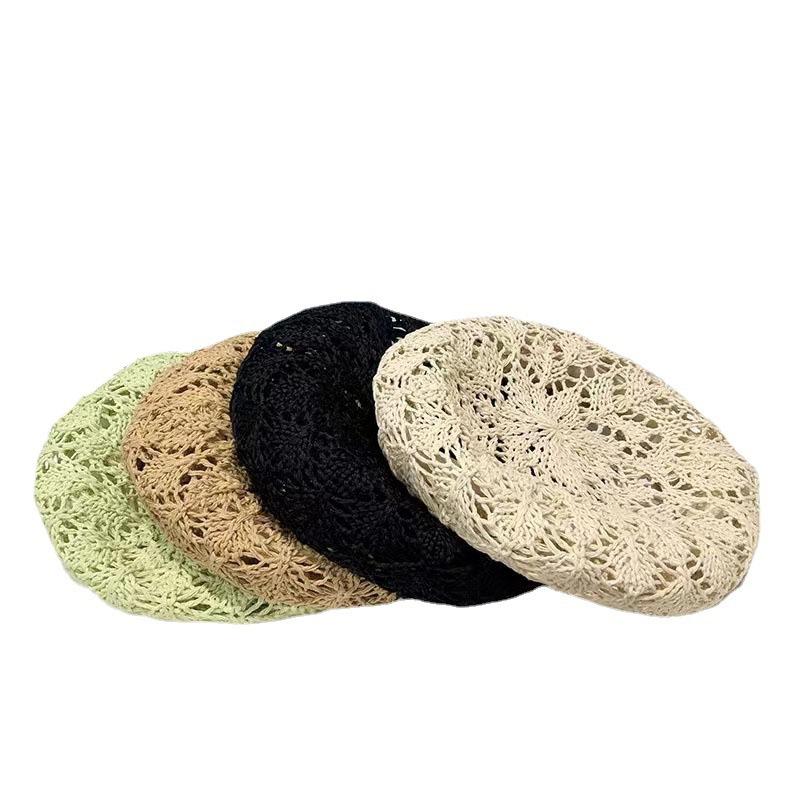 Small Fresh Straw Beret Children Spring and Summer Hollow Design Breathable Thin Bud Painter Hat Showing A Small Tide