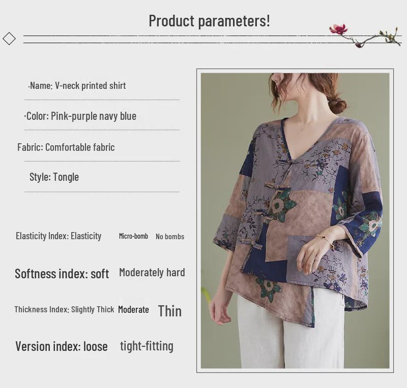 2022 Summer V-Neck Asymmetrical Cotton Linen Shirt - Printed, Plus Size, Mid-Length Sleeves, Retro Women's Fashion