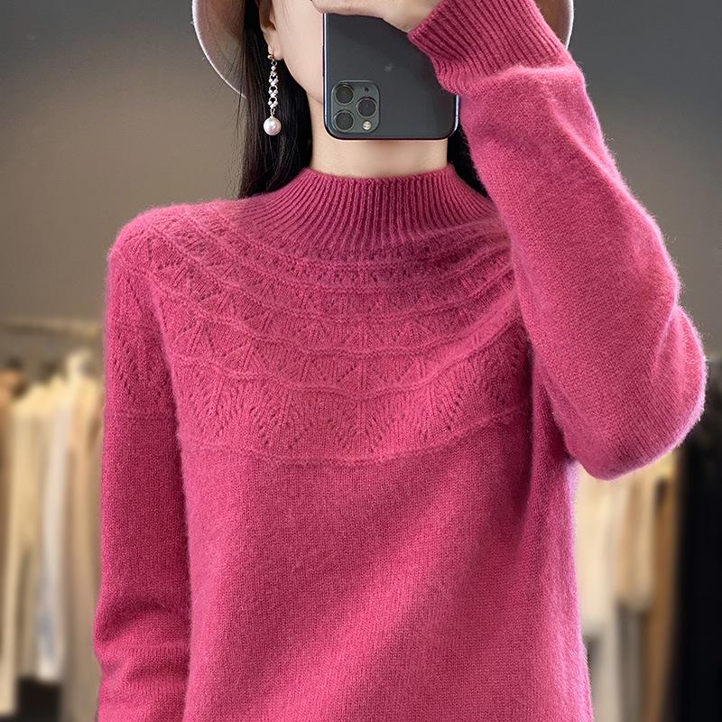 Autumn/Winter Women's Knitwear: Hollow Out Half-High Neck Long Sleeve Loose Slimming Pullover Sweater.