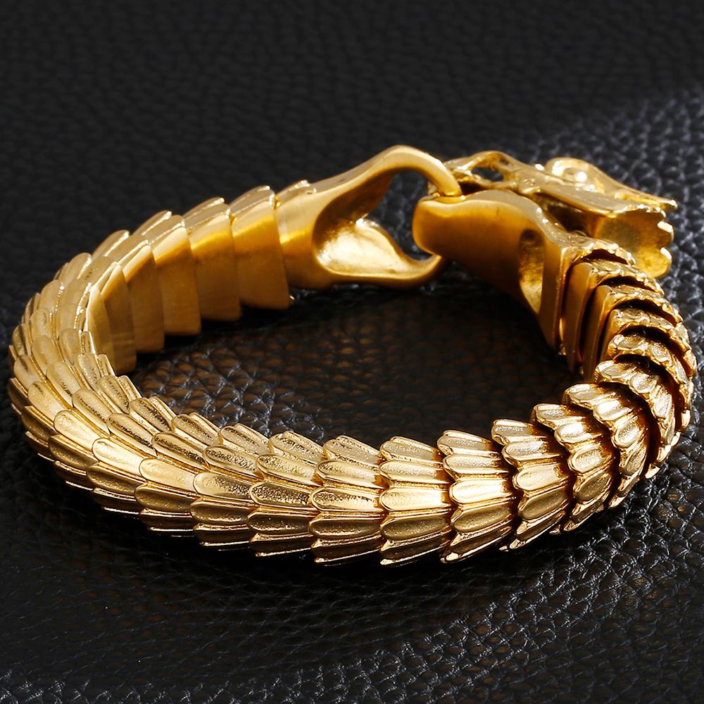 Dragon Head Animal Man Bracelet Gold Color 316L Stainless Steel Dragon Keel Chain Men's Bracelets Wristband Viking Charm Bangle
