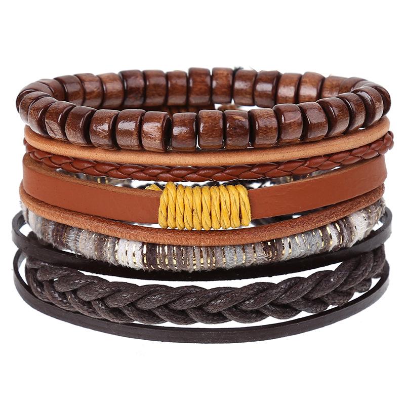 Retro Woven Cowhide Leather Men's Bracelet Set - European & American Handmade DIY Knot