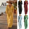 Casual Women Jumpsuit Women's Long Sleeve Jumpsuit, Deep V Neck Loose Wide Leg Polyester Rompers, High Waist Summer One Piece Outfits with Pockets All