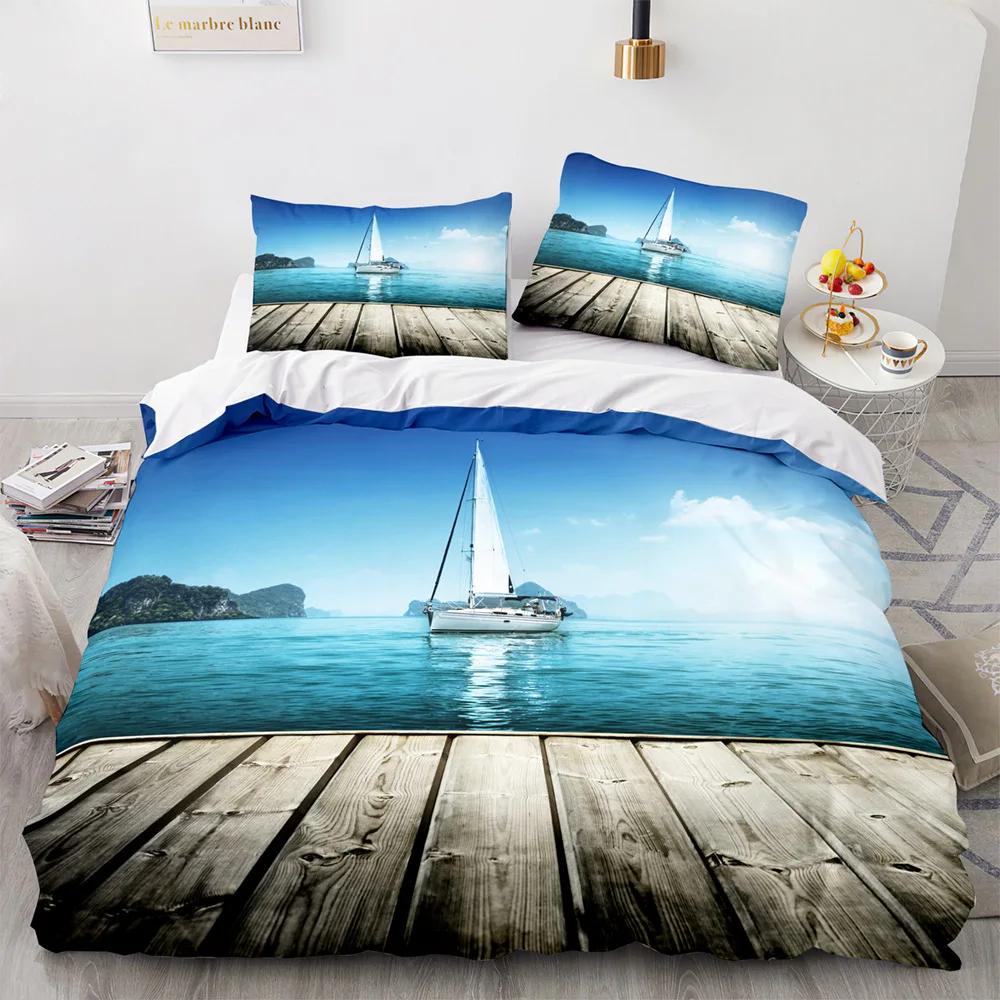 Vintage Sailboat Duvet Cover Nautical Ocean For Children Teen Adult Ship Fire Black Retro Style Polyester Quilt Cover Room Decor
