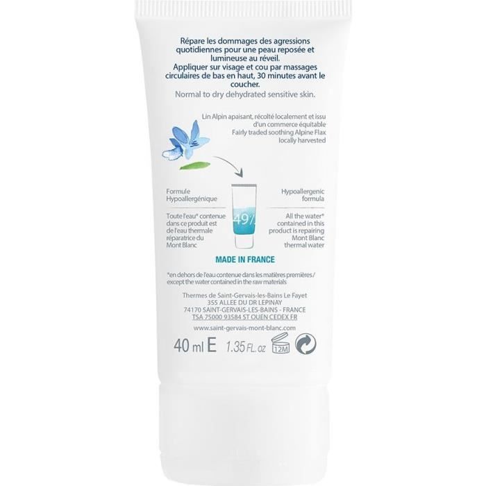 Soin De Nuit Réparateur - Saint Gervais Mont Blanc - 40ml - Hypoallergénique - Peaux Sensibles - Ultra-Hydratant