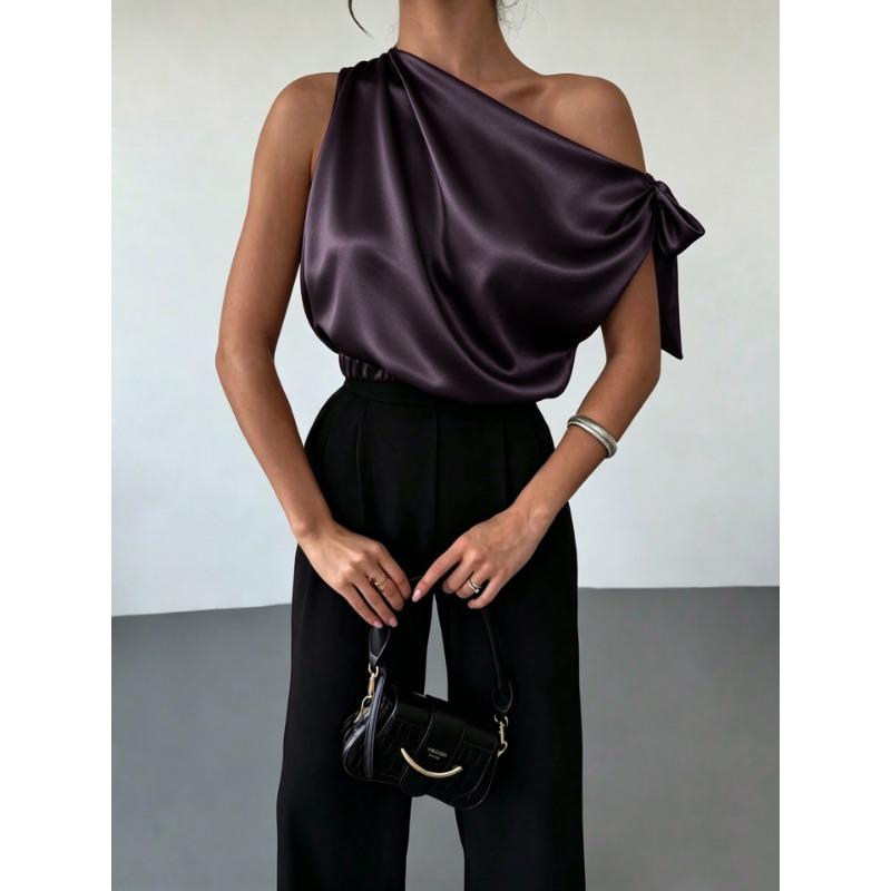 Women One Shoulder Satin Blouse With Bow Detail Elegant Sleeveless Party Tops