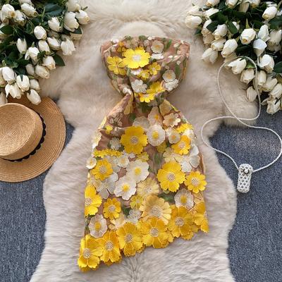 Abiti da sera corti mini in rete con ricami floreali, senza spalline e di lusso, da donna, estivi