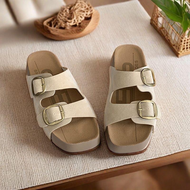 Cowhide version~ Genuine leather thick-soled one-word slippers for women's summer new beach cool slippers for women's fashion
