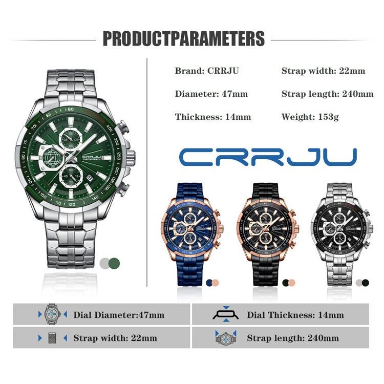 CRRJU New Watch 2305 Men's Watch Solid Stainless Steel with Six-pin Steel Strap Business Watch