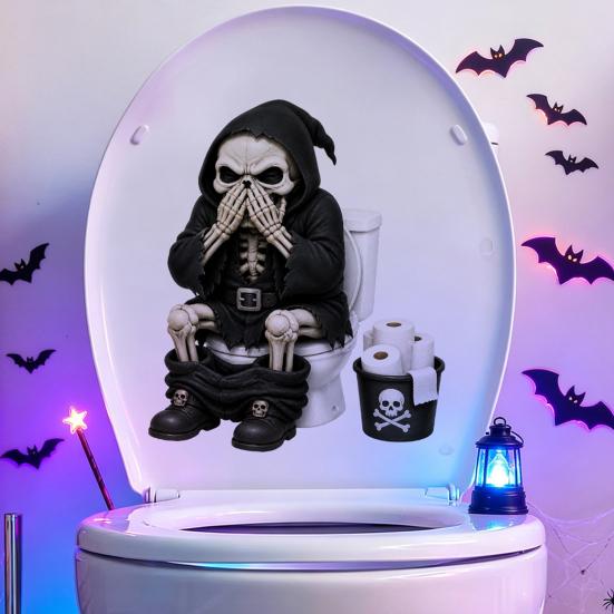 Waterproof PVC Toilet Art Halloween Skeleton Sticker, Funny Pooping Lid Decal, Dark Humor Decal Adhesive Bathroom Sticker for Tank, Holiday Home Decor