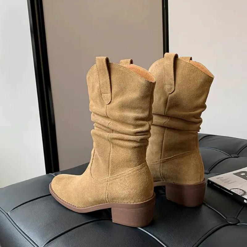 Fashion 2024 Hot Sale Ladies Shoes Slip-on Women's Boots Fashion Pleated Modern Boots Women Sexy Pointed Toe Mid-Calf Bootszapatos Mujer