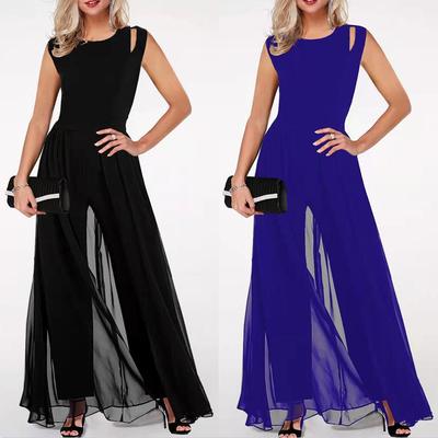 2023 Women's Slimming Cutout Sleeveless Milk Silk Jumpsuit - Round Neck, Solid Color, One-Piece Design