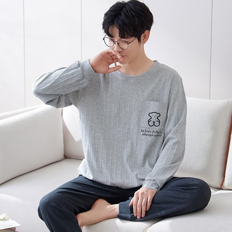 Cotton Nightwear for Men 2 Pieces Set Pajamas Spring Long Sleeves Sleeping Tops Trousers Sleepwear