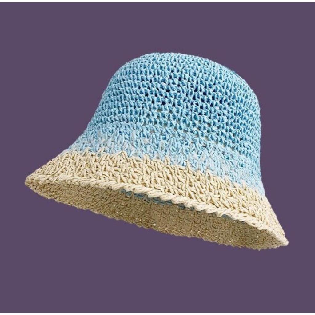 Purple Straw Hat for Women's Summer Outings Sun Protection and Shade Beach Fisherman Hat Color Blocked Grass Woven Basin Hat