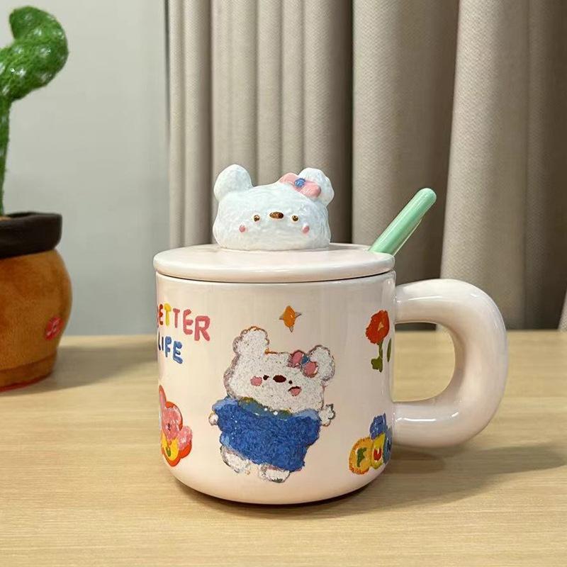 Home Cute Ceramic Cup with Lid for Girls' Cup with High Appearance Coffee Cup Mug Office Water Cup Gift