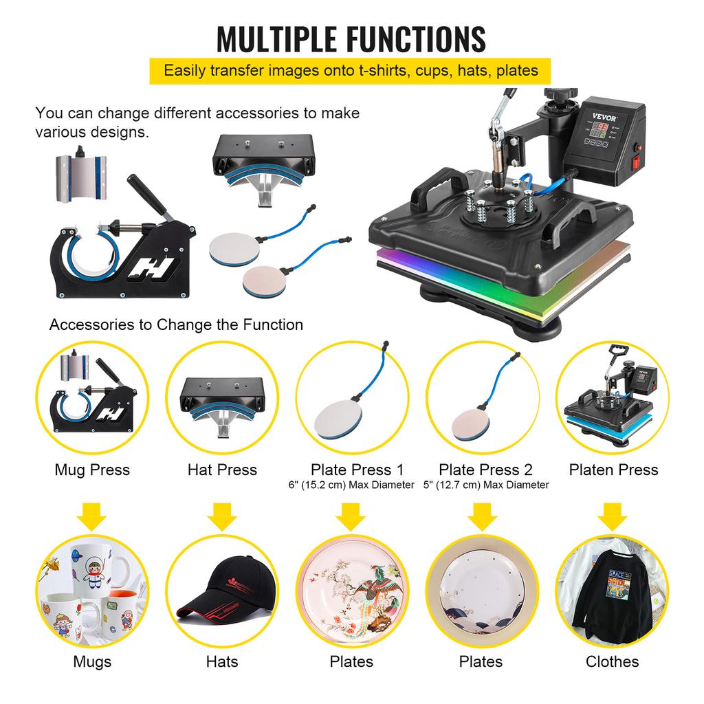 SucceBuy Heat Press 15x12 Inch 5/6/8 In 1 Digital Multifunctional Sublimation 360 Degree Rotation for T Shirts Hat Mug Cap Plate