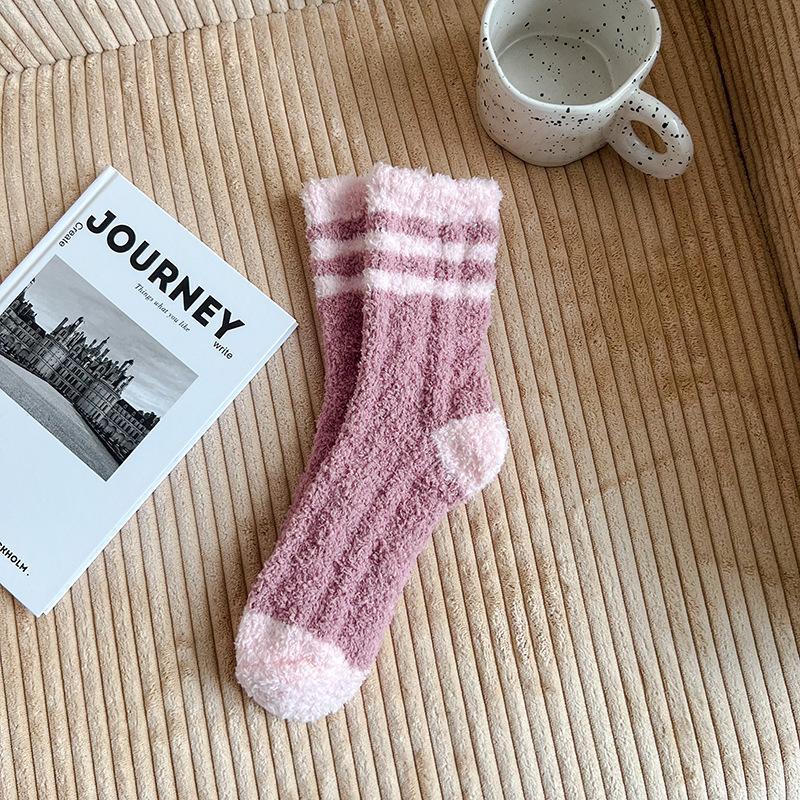 Autumn and winter color matching coral fleece women's socks thickened warm sleeping socks half fleece home floor socks