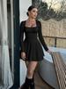Women's Square Neck Ruffle Hem Mini Dress with Long Sleeves & Fitted Bodice