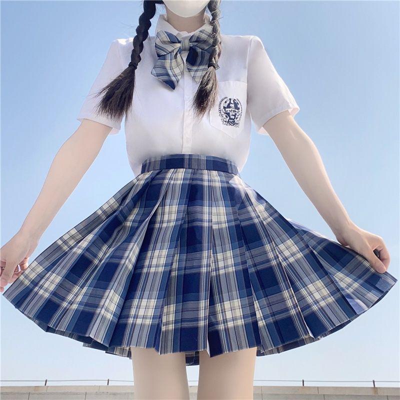 

Women s JK Academy Style Short-Sleeved Shirt and Pleated Plaid Skirt Set Extra Small