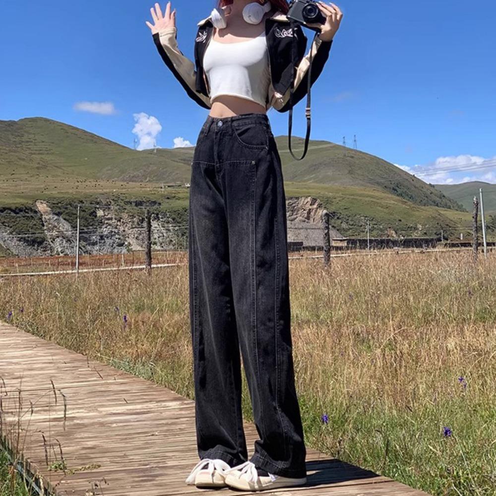 

Design sense neutral high-waisted straight wide-leg jeans spring and autumn new loose and thin floor-mopping jeans 2XL