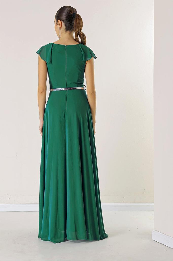 Yakası Volanlı Beli Kemerli Astarlı Uzun Şifon Elbise