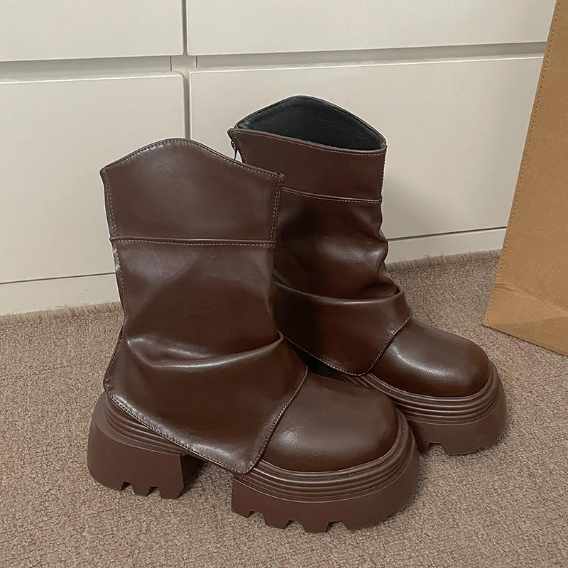 Vintage British Style Platform Thick Bottom Women Short Boots Autumn Winter Ladies Causal Height Increase Ankle Boots