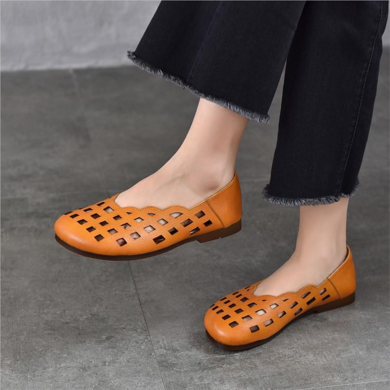Johnature Genuine Leather Slip-on Shoes Hollow Out Breathable Soft Bottom Women's Flat Sandals