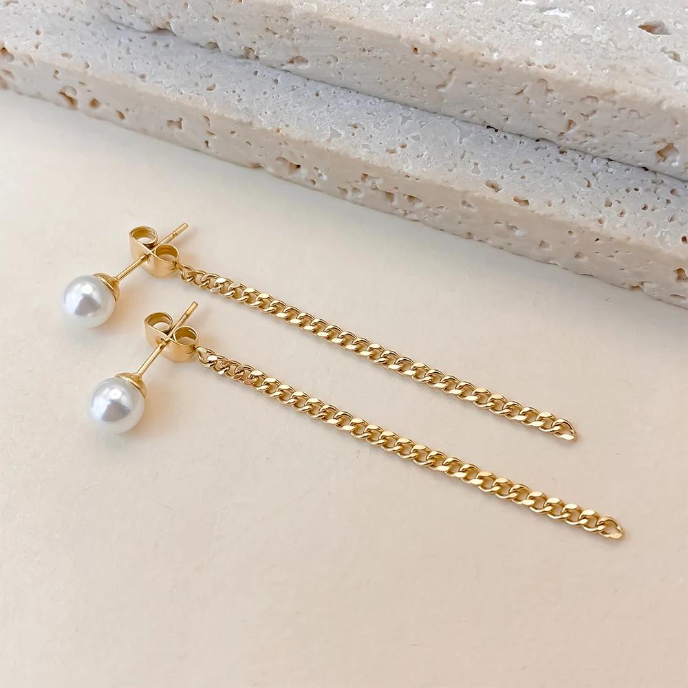 EManco Imitation Pearl Pendant Earrings Stainless Steel Cuban Chain Tassel Women's Engagement Office/Career Minimalist Jewelry