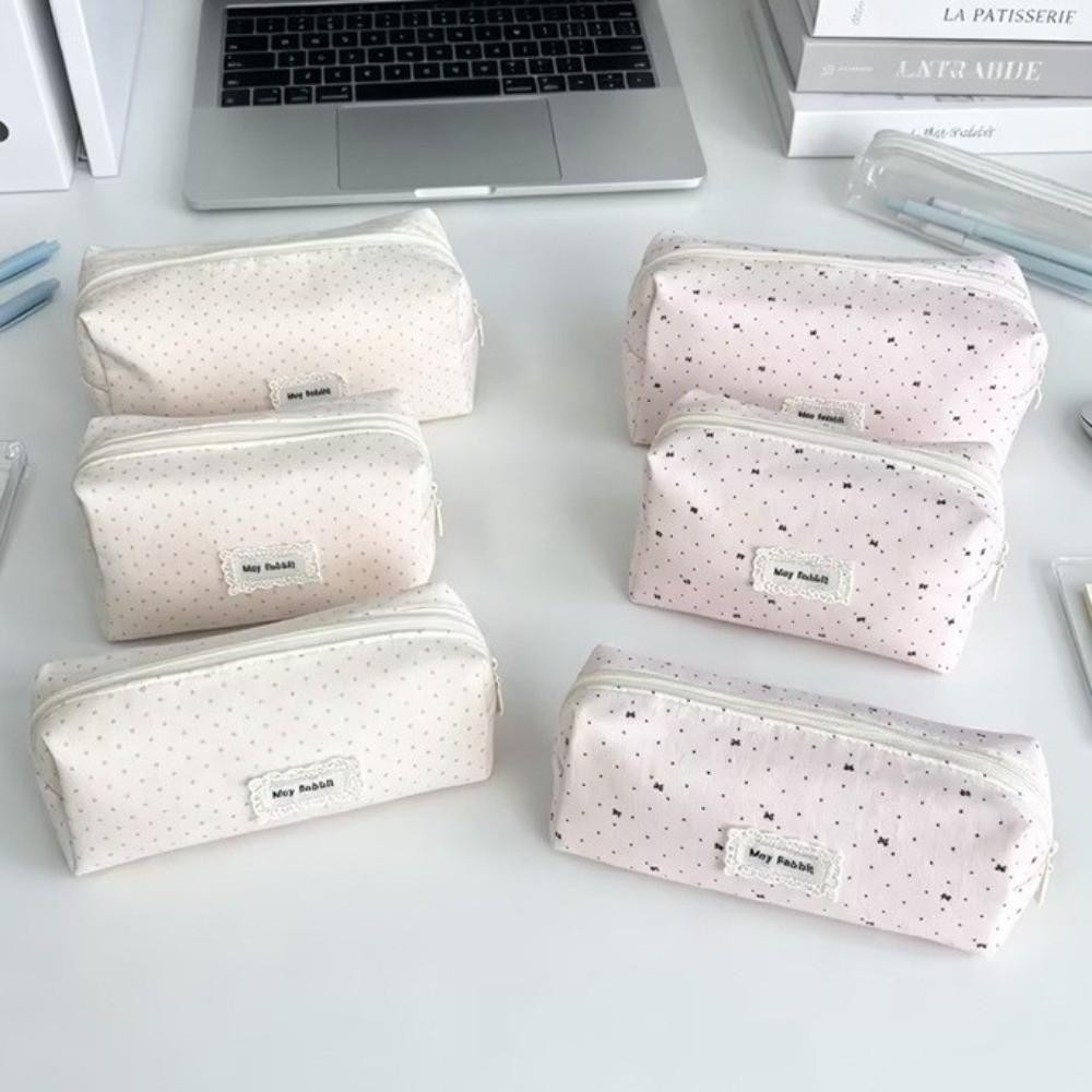Polka Dot Pencil Case Canvas Storage Bag Cute Pen Pouch Student