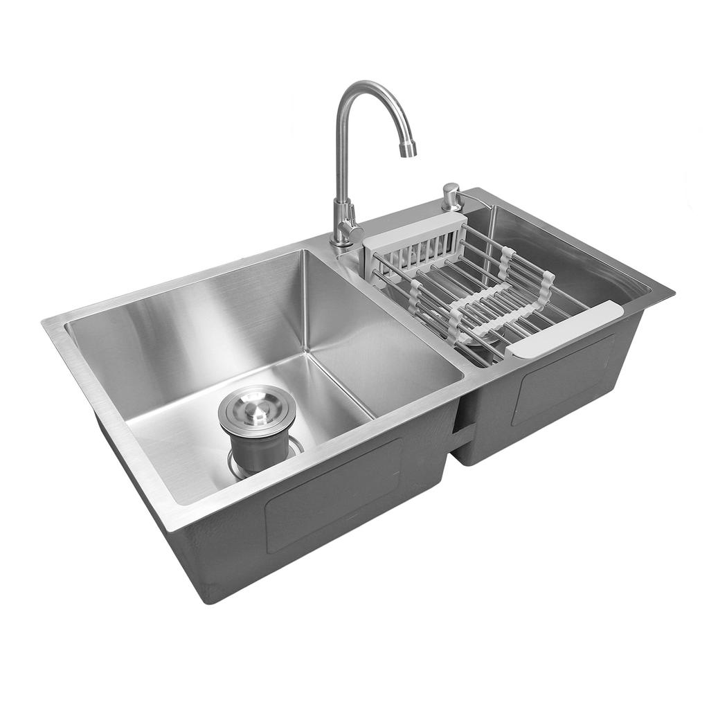 Doppelspüle für die Küche, professionelle, moderne und stilvolle Küchenspüle aus Edelstahl mit Wasserhahn und So