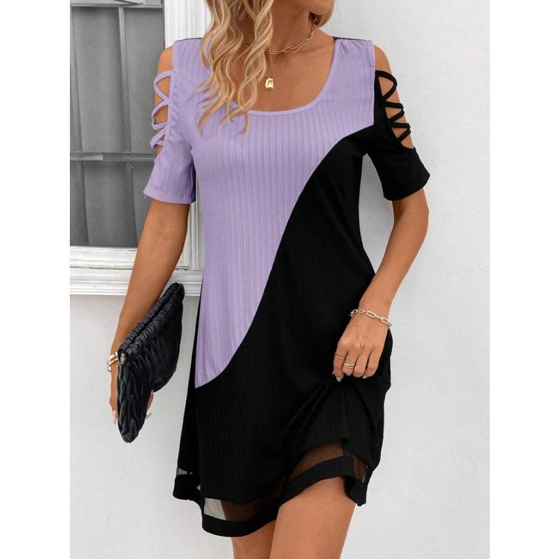 YYFS Women's Fashion Summer Spring Colour Block Print Short Sleeve U-Neck Loose Waistline Casual Dresses