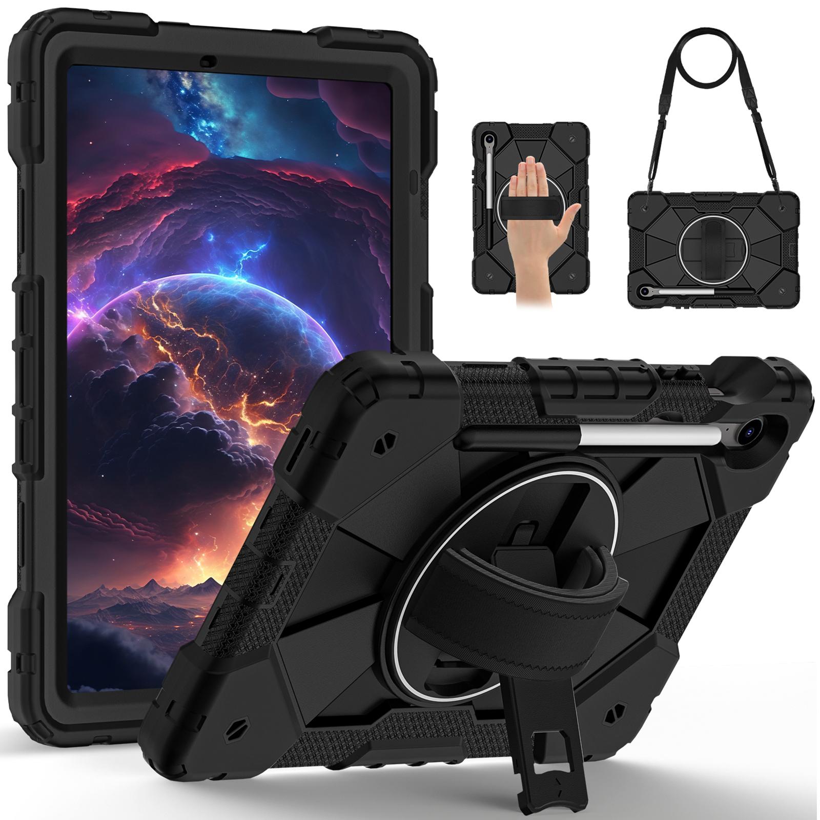

For Samsung Galaxy Tab S10 FE/S9 FE/S9 Case Silicone+PC Kickstand Tablet Cover with Handy Strap Black/Black
