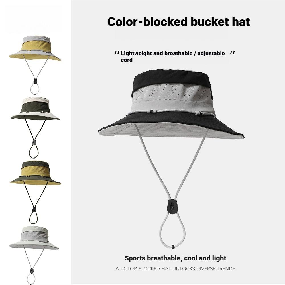 UV Protection Safari Hat Wide Brim Colorblock Sun Cap with Breathable Mesh Adjustable Windproof Hiking Bucket Hat Unisex