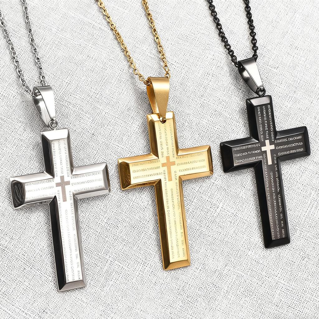 Stainless Steel Chunky Punk Printing Cross Pendant Necklace for Women Men Religious Prayer Faith Charms Chain Metal Jewelry Gift