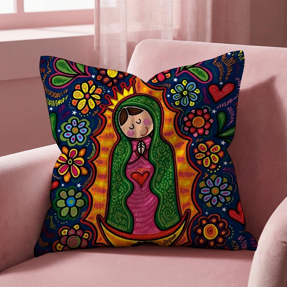Cartoon Virgin Mary Art Cushion Cover Multi-Scene Pillow Cover for Home & Car - Reversible, Soft & Durable for Daily Use