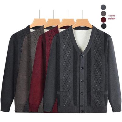 Men's Autumn/Winter Plus Velvet Warm Long Sleeve Cardigan Sweater Jacket for Middle-Aged