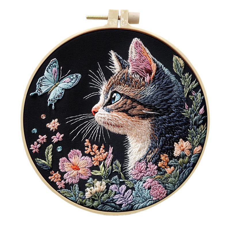 1pc Kitten, Butterfly, and Flower Pattern Embroidery DIY Fabric Craft Kit with Tools