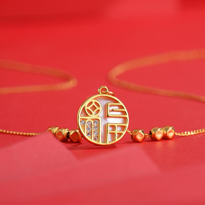 Guochaofeng Fu brand is full of luck S925 silver inlaid shell retro chain necklace women's sweater chain jewelry fashion